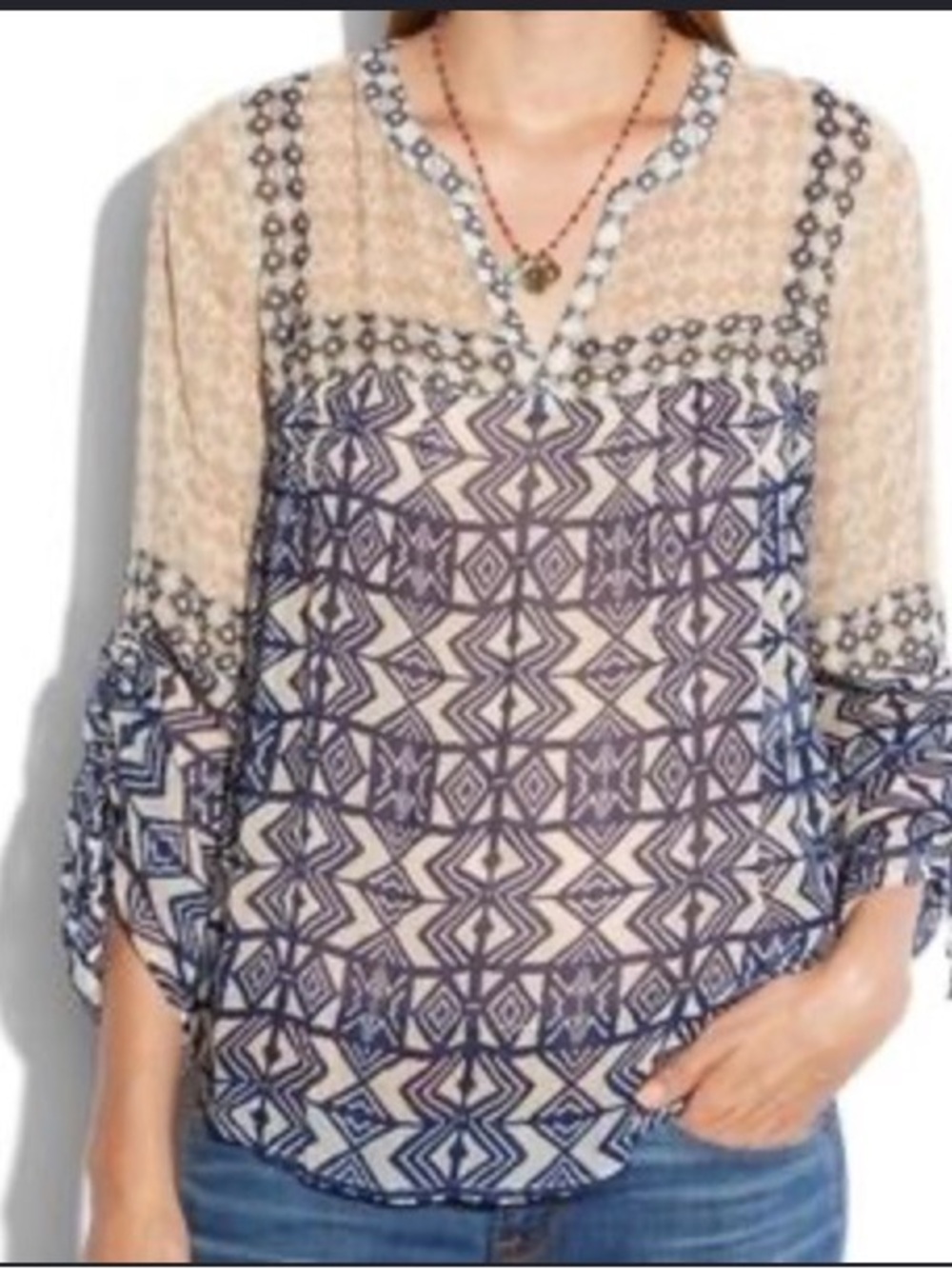 Lucky Brand Batik Print Blouse with Adjustable 3/4 Ruched Sleeves